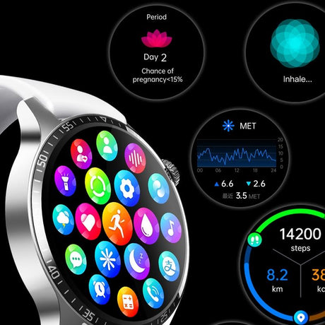 1.35 Inch Smart Watch Bluetooth Calls Health Monitoring 150+ Sports Black - Silver 3-Beads Steel