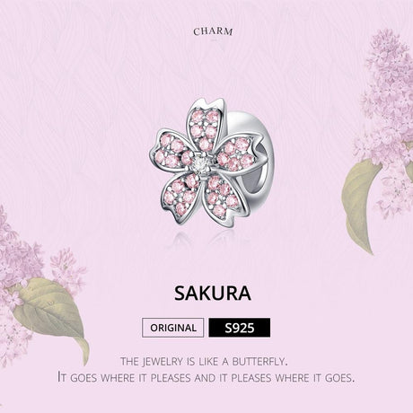 925 Sterling Silver Platinum Plated Pink Flower Beads For Diy Bracelets