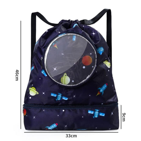 Blue Waterproof Drawstring Beach Bag L Size For Kids Wet & Dry Separation Shoulder Strap - Tibetan L