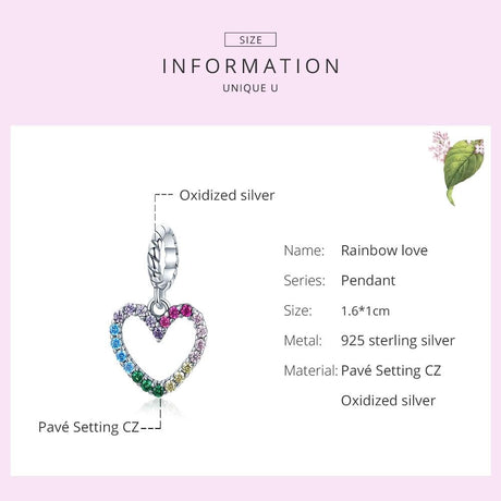 925 Sterling Silver Rainbow Heart Pendant For Diy Bracelets & Necklaces