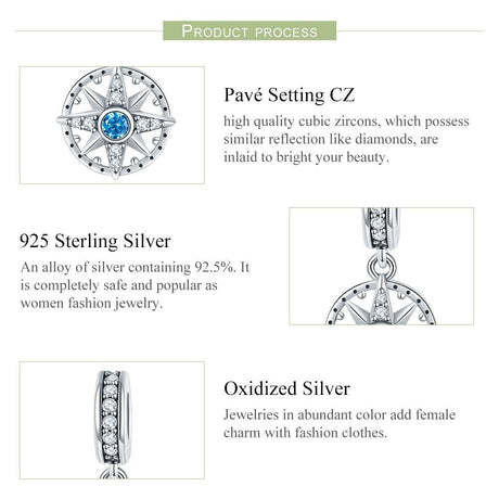 925 Sterling Silver Compass Pendant Necklace