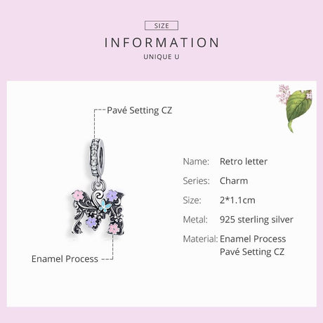 925 Sterling Silver Letter M Pendant For Diy Bracelets & Necklaces