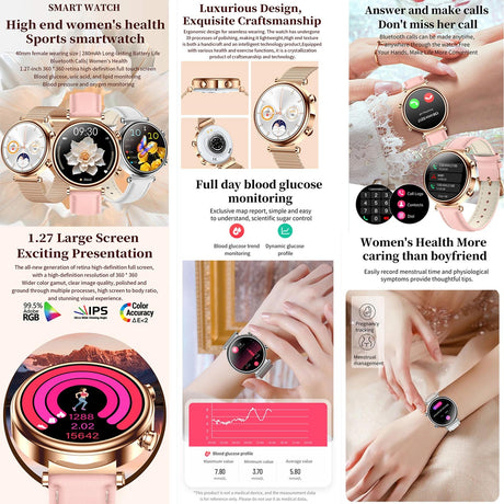 Women Smart Watch With Bt Call Health Tracking And Sos - Compact And Stylish - Rose Gold Pink Leather