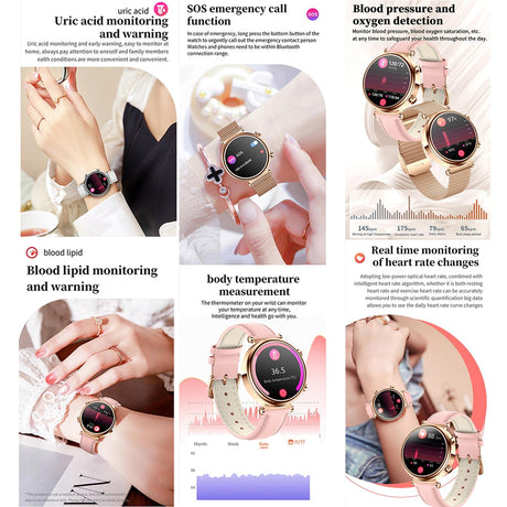 Women Smart Watch With Bt Call Health Tracking And Sos - Compact And Stylish - Rose Gold Pink Leather