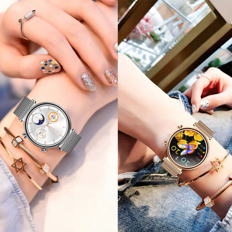 Women Smart Watch With Bt Call Health Tracking And Sos - Compact And Stylish - Rose Gold Pink Leather