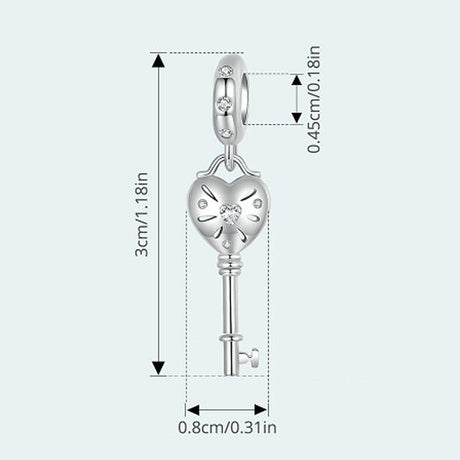 925 Sterling Silver Platinum Plated Heart Key Beaded Pendant