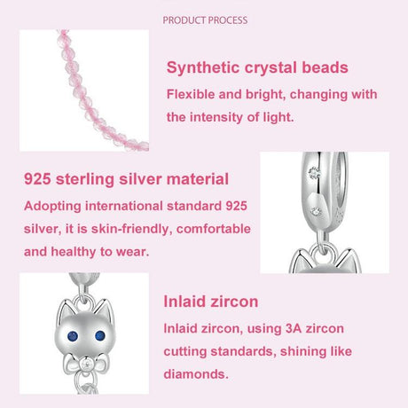 925 Sterling Silver Platinum Plated Cat Safety Chain Pendant