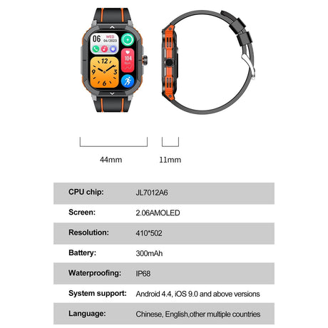 2.06 Inch Bt5.3 Ip68 Sport Smart Watch Bluetooth Call / Message / Health - Orange