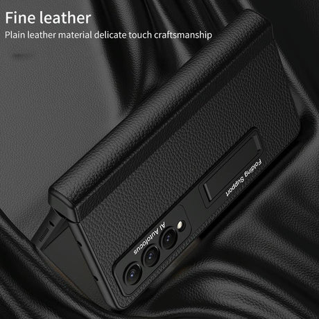 Leather Phone Case with Foldable Hinge and Holder - Black
