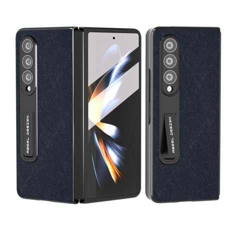 Cross Texture Leather Phone Case with Holder for Samsung Galaxy z Fold 4 5g - Black