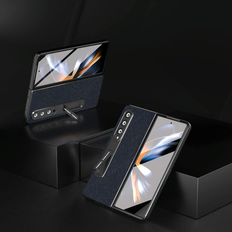 Cross Texture Leather Phone Case with Holder for Samsung Galaxy z Fold 4 5g - Black