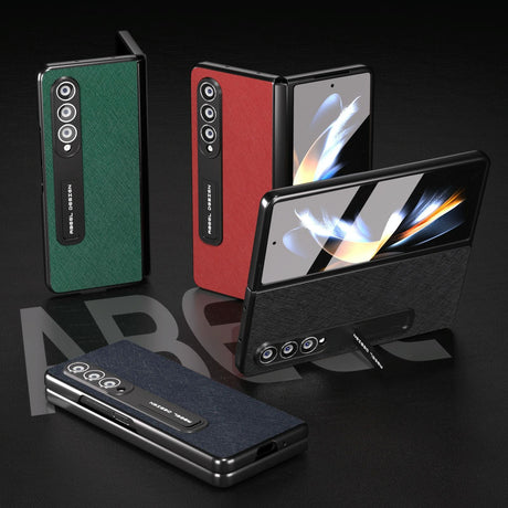 Cross Texture Leather Phone Case with Holder for Samsung Galaxy z Fold 4 5g - Black