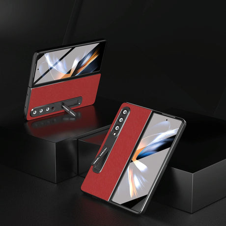 Cross Texture Leather Phone Case with Holder for Samsung Galaxy z Fold 4 5g - Black