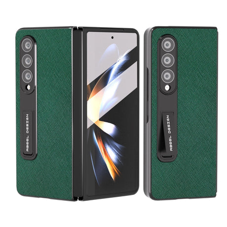 Cross Texture Leather Phone Case with Holder for Samsung Galaxy z Fold 4 5g - Black