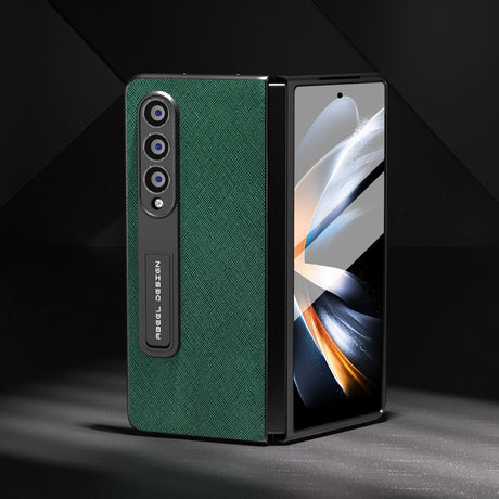 Cross Texture Leather Phone Case with Holder for Samsung Galaxy z Fold 4 5g - Black