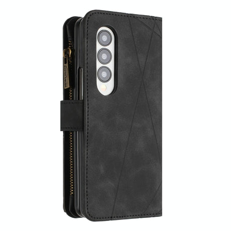 For Samsung Galaxy Z Fold4 5G Leather Zip Wallet With Rhombus Texture - Black