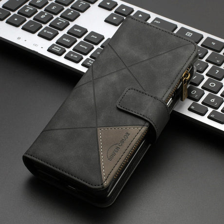 For Samsung Galaxy Z Fold4 5G Leather Zip Wallet With Rhombus Texture - Black