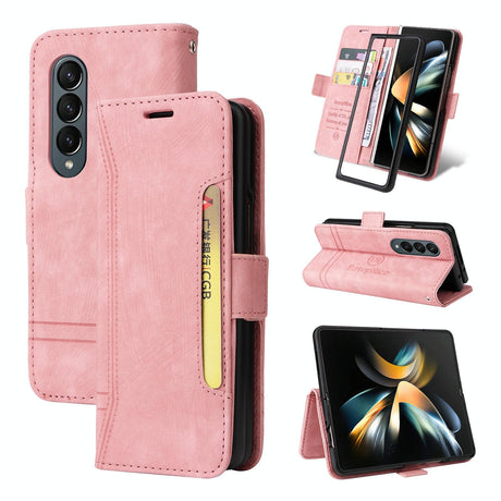 For Samsung Galaxy Z Fold4 5G Leather Dual Buckle Phone Case - Pink