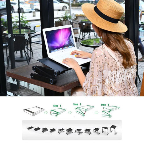 Adjustable Foldable Laptop Stand with Fans & Mouse Pad - Portable Aluminum - Black