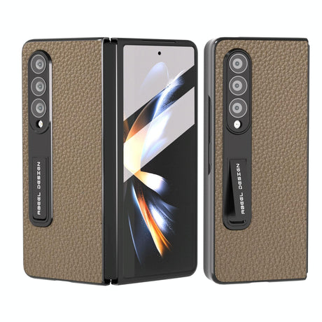 For Samsung Galaxy Z Fold4 5G Leather Phone Case With Holder - Litchi Texture - Grey