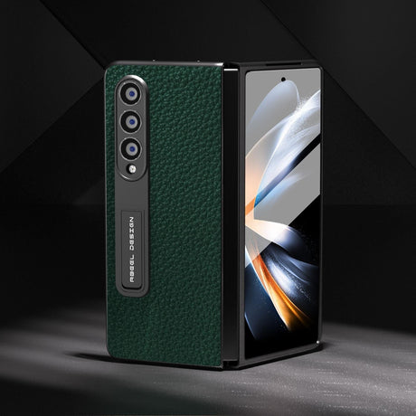 For Samsung Galaxy Z Fold4 5G Leather Phone Case With Holder - Litchi Texture - Grey