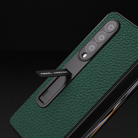 For Samsung Galaxy Z Fold4 5G Leather Phone Case With Holder - Litchi Texture - Grey