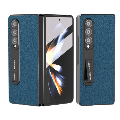 For Samsung Galaxy Z Fold4 5G Leather Phone Case With Holder - Litchi Texture - Grey