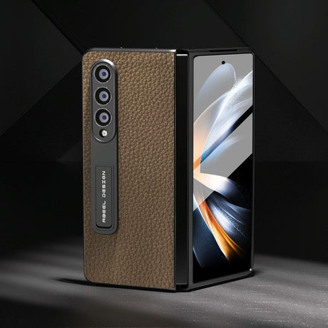 For Samsung Galaxy Z Fold4 5G Leather Phone Case With Holder - Litchi Texture - Grey