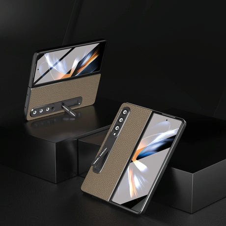 For Samsung Galaxy Z Fold4 5G Leather Phone Case With Holder - Litchi Texture - Grey