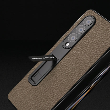 For Samsung Galaxy Z Fold4 5G Leather Phone Case With Holder - Litchi Texture - Grey