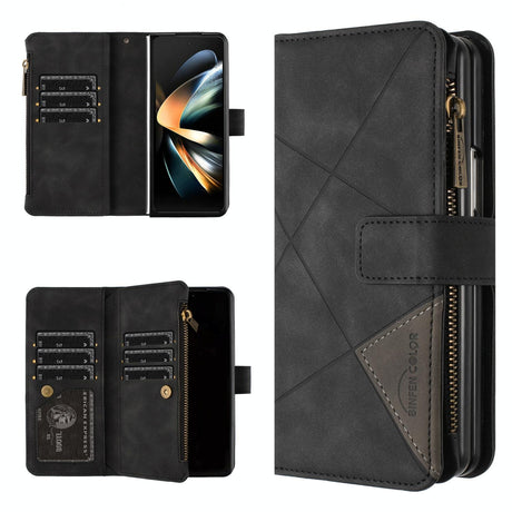 For Samsung Galaxy Z Fold4 5G Leather Zip Wallet With Rhombus Texture - Green