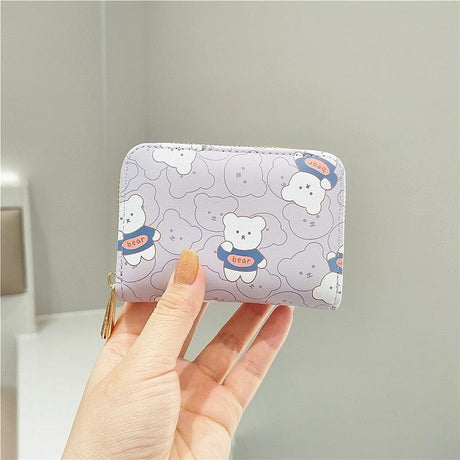 Cute Bear Print Multi Slot Card Holder Anti Degaussing Design - Purple
