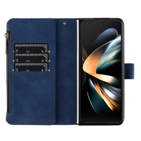 For Samsung Galaxy Z Fold4 5G Leather Zip Wallet With Rhombus Texture - Blue