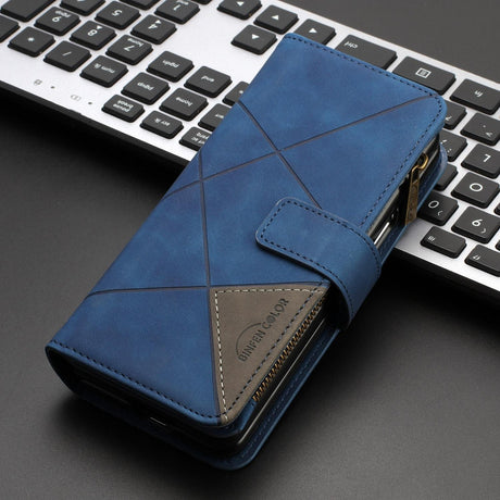 For Samsung Galaxy Z Fold4 5G Leather Zip Wallet With Rhombus Texture - Blue