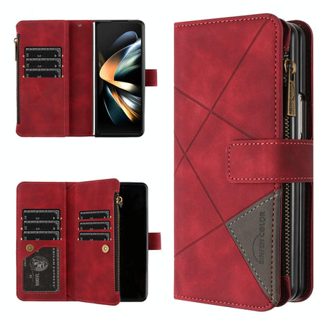For Samsung Galaxy Z Fold4 5G Leather Zip Wallet With Rhombus Texture - Blue