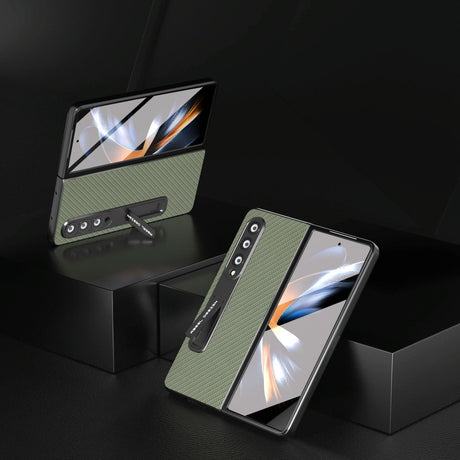 For Samsung Galaxy Z Fold4 5G Carbon Fiber Phone Case With Holder - Green