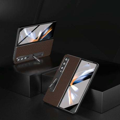 For Samsung Galaxy Z Fold4 5G Carbon Fiber Phone Case With Holder - Green