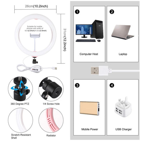 26Cm Usb 3 Modes Dimmable Led Ring Light With Phone Clamp