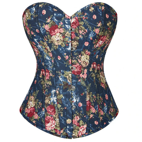 Floral Lace-Up Denim Corset Plus Size S-6Xl Boned Strapless Blue / Black - Black - Xxl