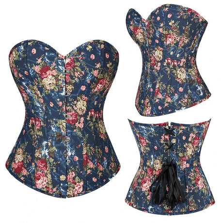 Floral Lace-Up Denim Corset Plus Size S-6Xl Boned Strapless Blue / Black - Blue - M