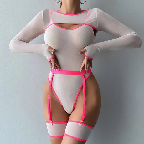 Alluring Transparent Bodysuit Open Crotch Teddy Nightgown For Women - Light Purple - M