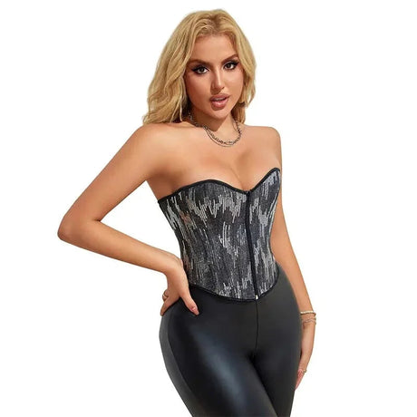 Plus Size Silver Sequin Crop Top With Lace Detail 14 Fishbones Support S-Xxxl - Xxxl