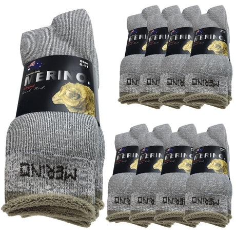 9 Pairs MERINO WOOL SOCKS Mens Heavy Duty Premium Thick Work Socks Cushion BULK - Grey - 11-14