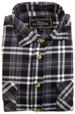 Mens Half Placket Flannelette Long Sleeve Pullover Shirt 100% Cotton Check Authentic Flannel - Black/Purple - S