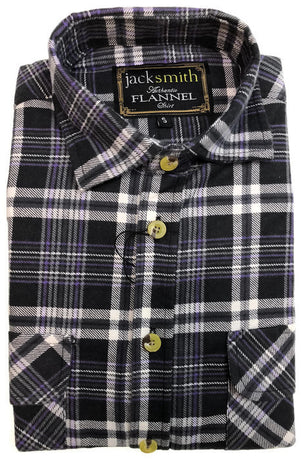 Mens Half Placket Flannelette Long Sleeve Pullover Shirt 100% Cotton Check Authentic Flannel - Black/Purple - S