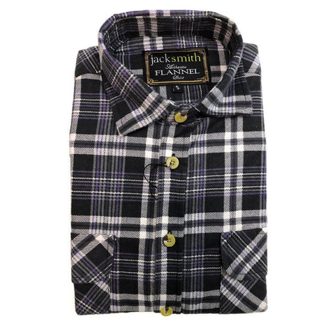 Mens Half Placket Flannelette Long Sleeve Pullover Shirt 100% Cotton Check Authentic Flannel - Black/Purple - S