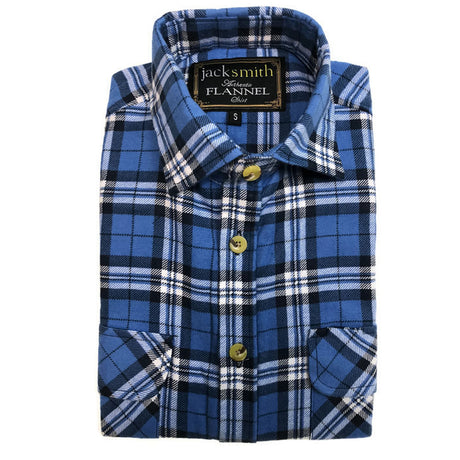 Mens Half Placket Flannelette Long Sleeve Pullover Shirt 100% Cotton Check Authentic Flannel - White/Blue Denim - S