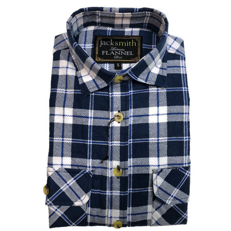 Mens Half Placket Flannelette Long Sleeve Pullover Shirt 100% Cotton Check Authentic Flannel - White/Blue Denim - S