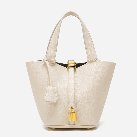 Beige Elegant Women's Leather Tote Handbag with Gold Lock Detail