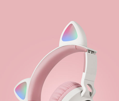Adorable Cat Ear Wireless Headphones - Bluetooth 5.0, Foldable Design, Glowing RGB LED Lights - Cute Pink Headset